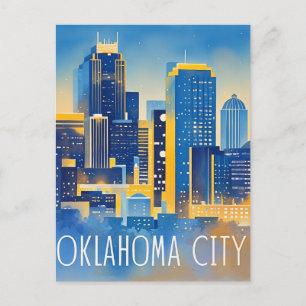 Oklahoma City Night View Watercolor Vykort