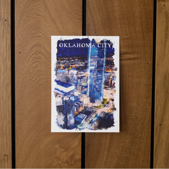Oklahoma City Night View Watercolor Vykort (oklahoma city night view postcard)