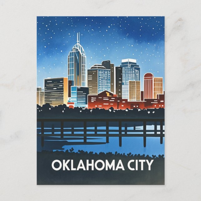 Oklahoma City Night Watercolor Vykort (Framsida)