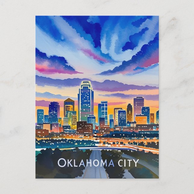 Oklahoma City Night Watercolor Vykort (Framsida)