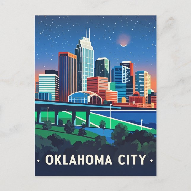 Oklahoma City Night Watercolor Vykort (Framsida)