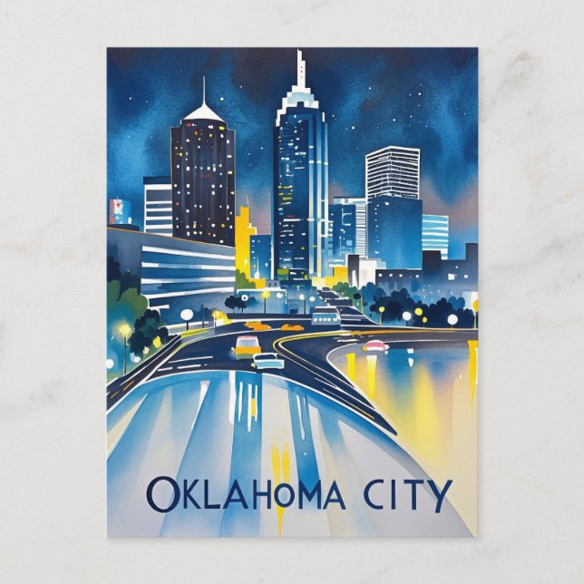 Oklahoma City Night Watercolor Vykort (Framsida)