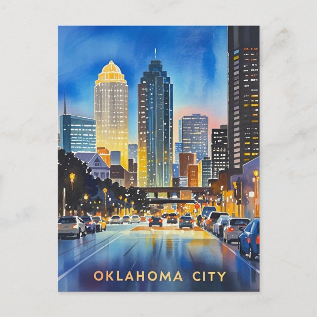 Oklahoma City Night Watercolor Vykort (Framsida)