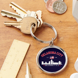 Oklahoma City Skyline & Flag Souvenir  Rund Silverfärgad Nyckelring