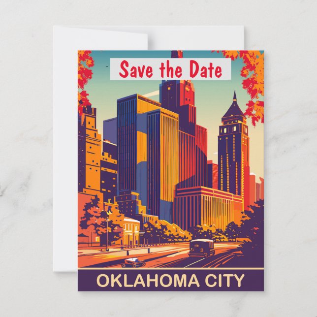Oklahoma City Skyline Modern Bröllopsinbjudan Spara Datumet (Framsida)