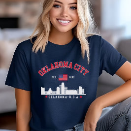 Oklahoma City Skyline with American Flag  T Shirt