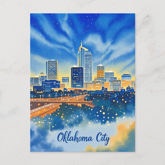 Oklahoma City vatten färg skyline Vykort (Framsida)