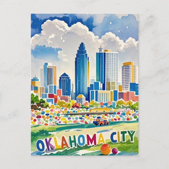 Oklahoma City vatten färg skyline Vykort (Framsida)