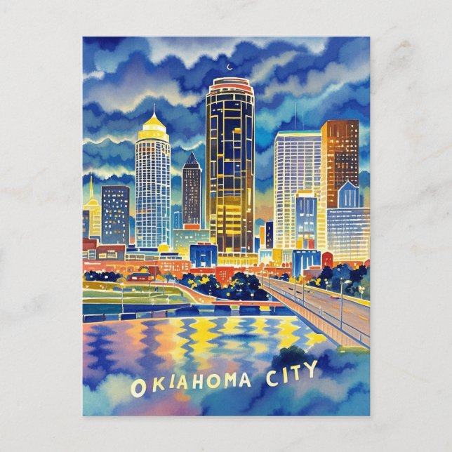 Oklahoma City vatten färg skyline Vykort (Framsida)