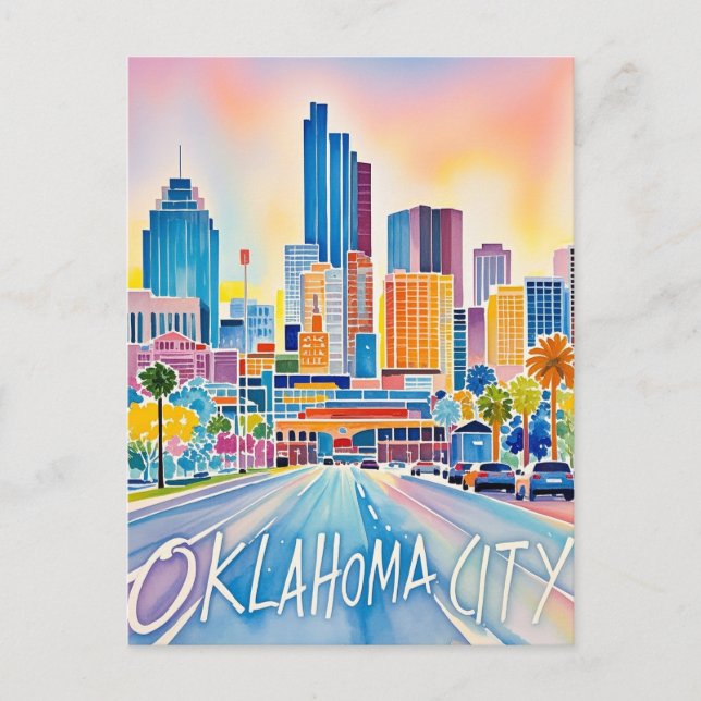 Oklahoma City vatten färg skyline Vykort (Framsida)