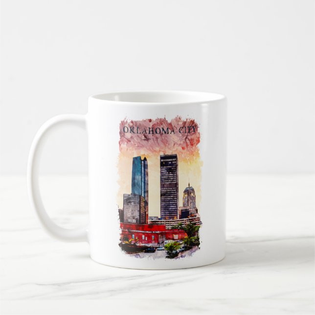 Oklahoma City Watercolor Skyline Painting Kaffemugg (Vänster)