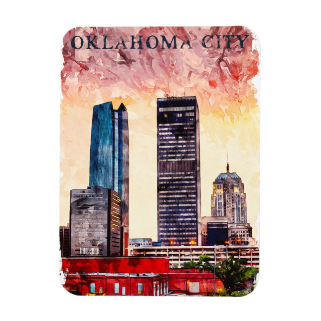 Oklahoma City Watercolor Skyline Painting Magnet (Vertikal)