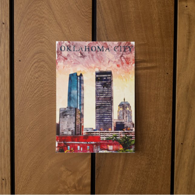 Oklahoma City Watercolor Skyline Painting Vykort (oklahoma city sunset postcard)