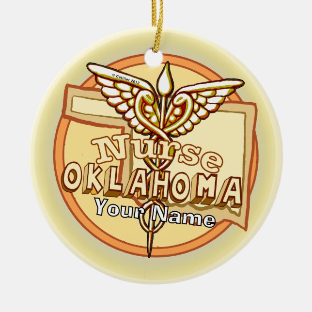 Oklahoma Nurse Caduceus  Julgransprydnad Keramik (Framsidan)