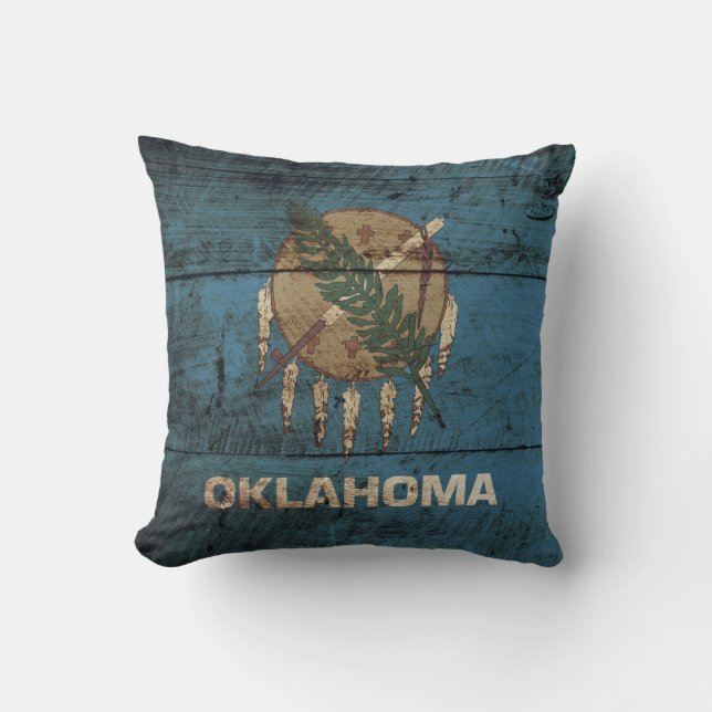 Oklahoma Statlig flagga på Old Wood Grain Kudde (Framsida)