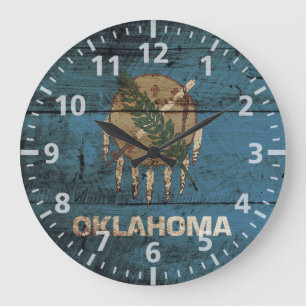 Oklahoma Statlig flagga på Old Wood Grain Stor Klocka