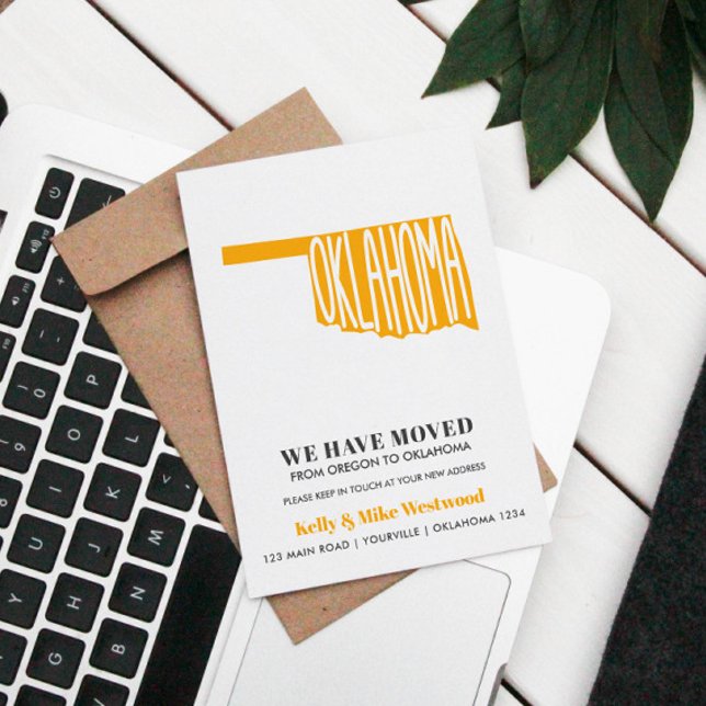 OKLAHOMA Vi har flyttat Ny adress Nytt hem vykort (MOVING ANNOUNCEMENTE WITH OKLAHOMA STATE MAP IN YELLOW)