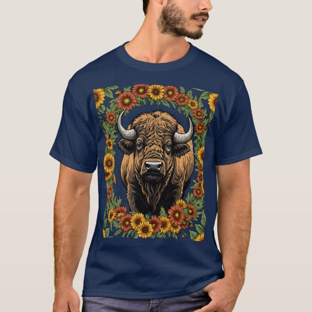 Oklahoman Buffalo, omgiven av stiliserade blommor T Shirt (Framsida)