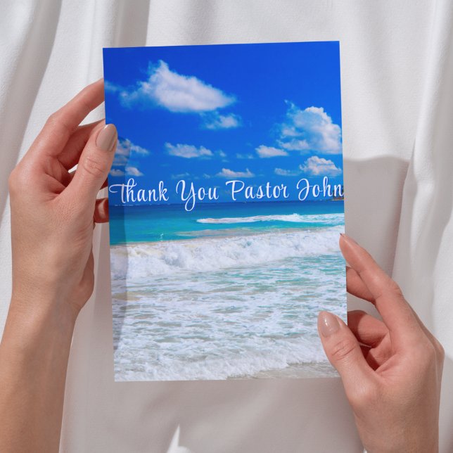 Ökning av havets blåa Vinkara pastor Tack Kort (Ocean Blue Waves Pastor Appreciation Thank You Card
(front image/folded card))