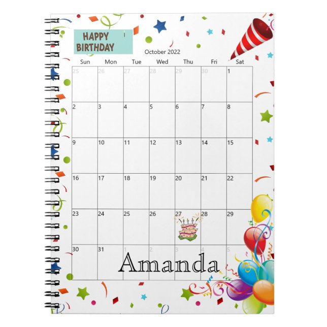 Oktober 2022 Kalender Grattis på födelsedagen bärb Anteckningsbok (Framsidan)