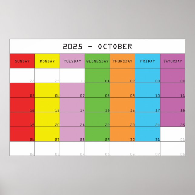 Oktober 2025 färg-dagars kalenderhyvelmaskin poster (Framsidan)