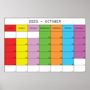 Oktober 2025 färgdagar kalender planerare poster