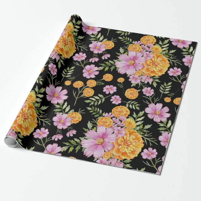 Oktober Birth Flowers Marigold Cosmos Presentpapper (Utrullad)