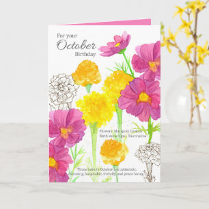 Oktober Birthday Cosmos Marigold Birth Month Kort