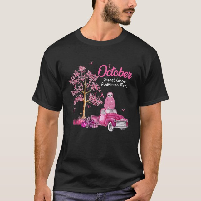 Oktober Breast Cancer Awareness Month Sloth Pumpki T Shirt (Framsida)