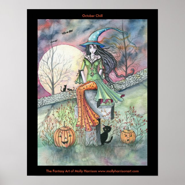 Oktober Chilly Halloween Häxa Katt Affisch (Framsidan)
