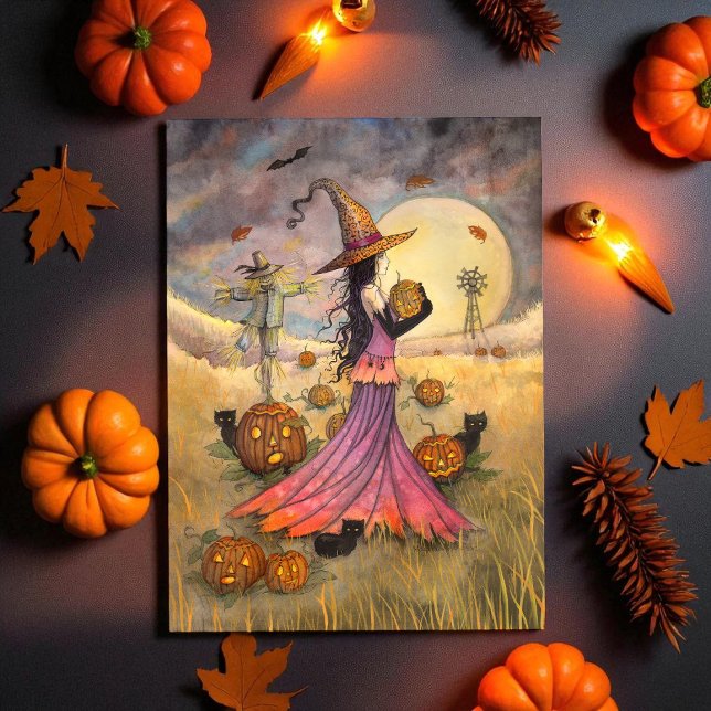 Oktober Fält Halloween Häxa och Katter Fantasy Kort (Skapare uppladdad)