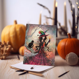 Oktober Flame Halloween Witch Black Cat Art Kort