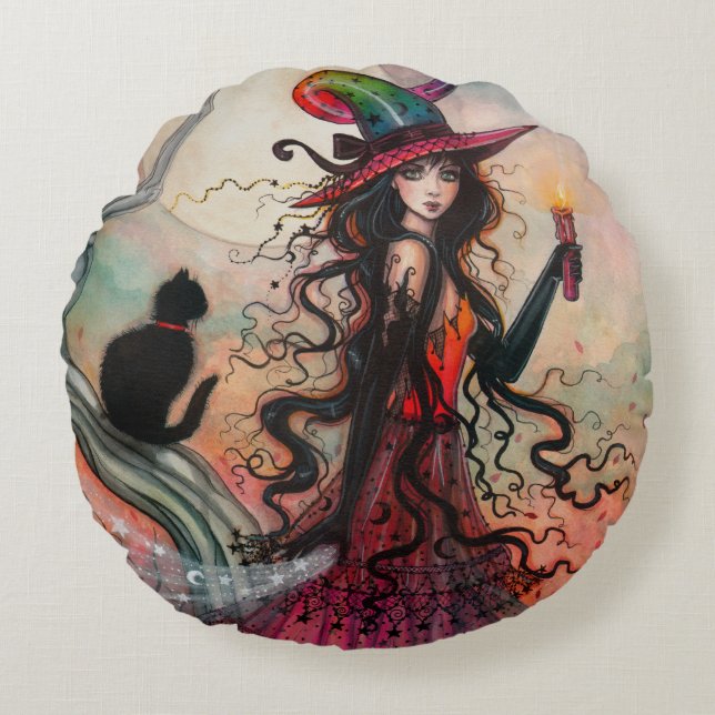 Oktober Flame Halloween Witch och Black Cat Art Rund Kudde (Framsidan)