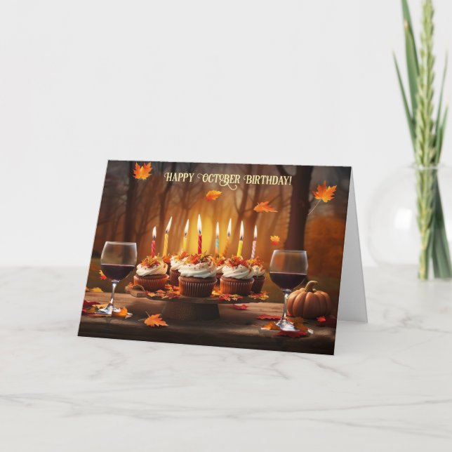 Oktober Födelsedag Med Cupcakes Fallande Löv Helgkort (Framsida)