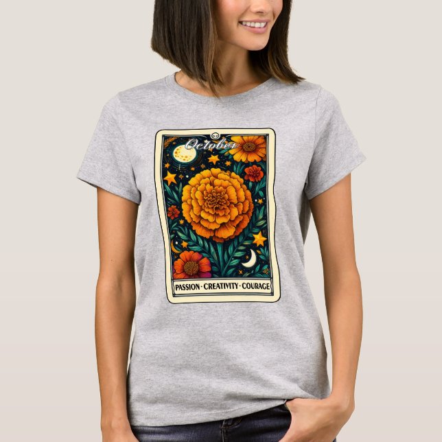 Oktober Födelsemånad Flower Marigold T-Shirt (Framsida)