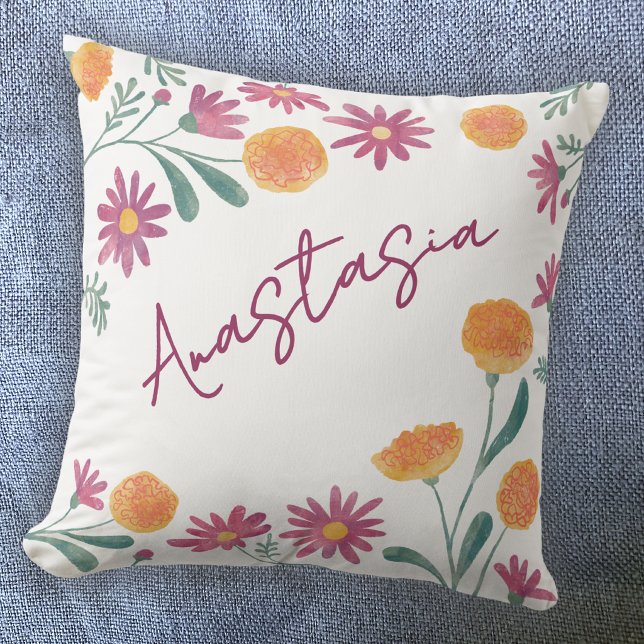 Oktober Födelsemånad Marigold Cosmos Personlig Kudde (October birthday personalized birth month flower marigold cosmos floral watercolor throw pillow gift)