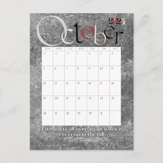 Oktober Grått Modern månadskalender 2025 Vykort (Framsida)