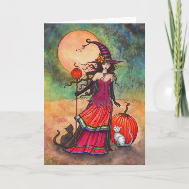 Oktober Månad Halloween Häxa och Katter Illustrati Kort (Framsida)
