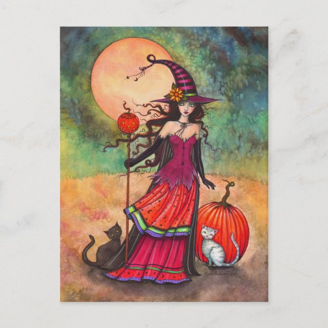 Oktober Månad Häxa Katt Halloween Fantasy Konst Vykort (Framsida)