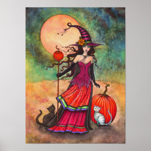 Oktober Måne Witch Cat Halloween Illustration Poster