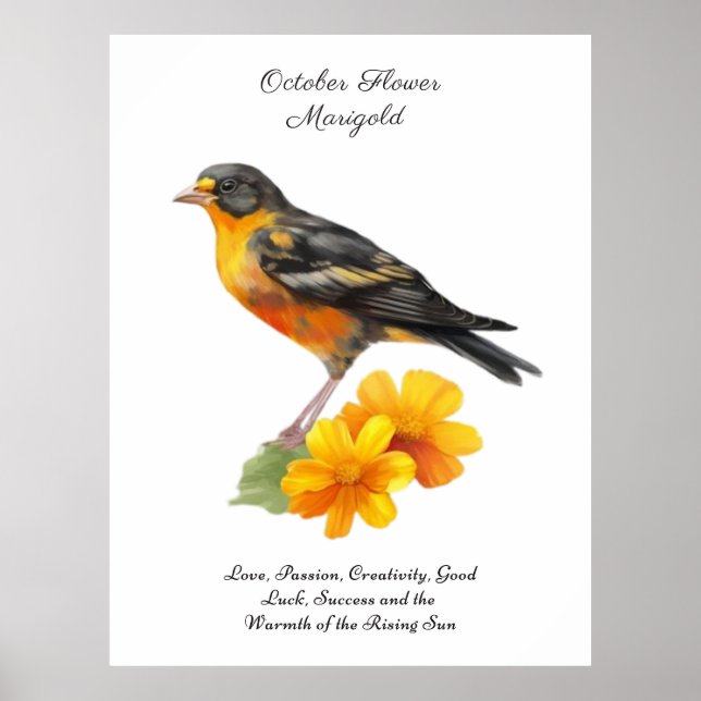 Oktober Marigold Flower och Bird Birth Poster (Framsidan)