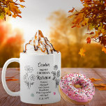 Oktober Marigold och Cosmos Birthday Keepsaké Kaffemugg<br><div class="desc">I oktober finns det i själva verket två blommor och två stenar i firande på födelsedagar denna månad: blommor - marigold och cosmos, gemstones - rosa tourmaline och opal. Den här designen har alla funktioner. Den här designen innehåller detaljer i vitt, svart och gemstone-färg. Vi har parat det med ett...</div>