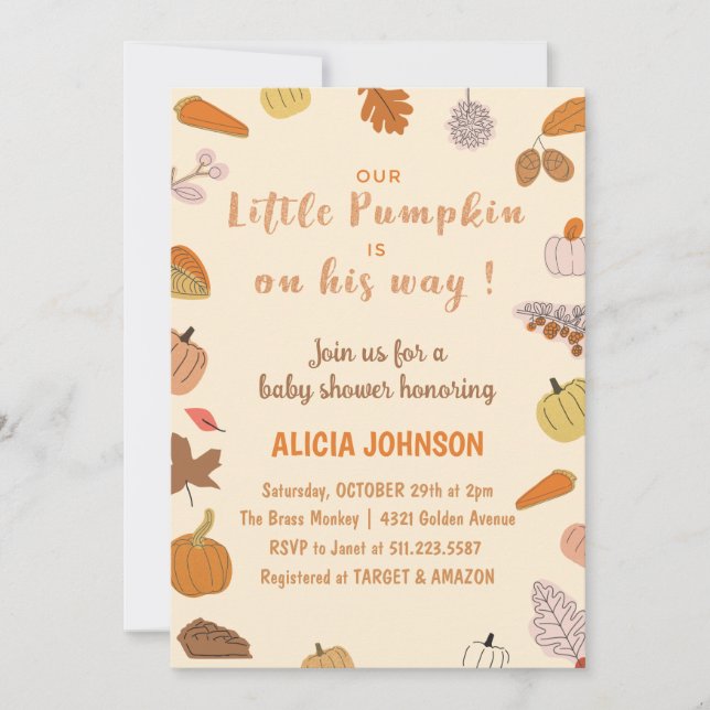 Oktober Orange Pumpa Halloween baby shower Inbjudningar (Framsida)