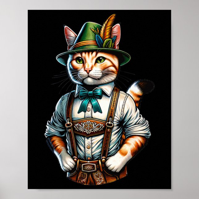 Oktober Party Cat Funny German Bavarian Lederhosen Poster (Framsidan)