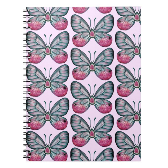 Oktober Rosa Glasswing Butterfly Mönster Design Anteckningsbok (Framsidan)