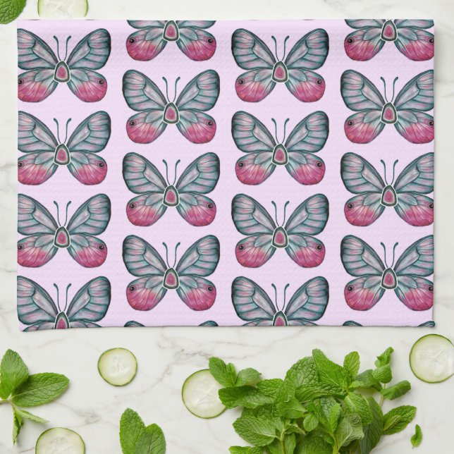 Oktober Rosa Glasswing Butterfly Mönster Design Kökshandduk (Vikta)