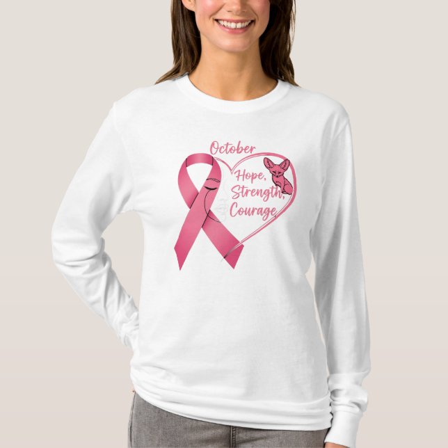 Oktober Rosa Ribbon Heart - Hope, Strength & Coura T Shirt (Framsida)