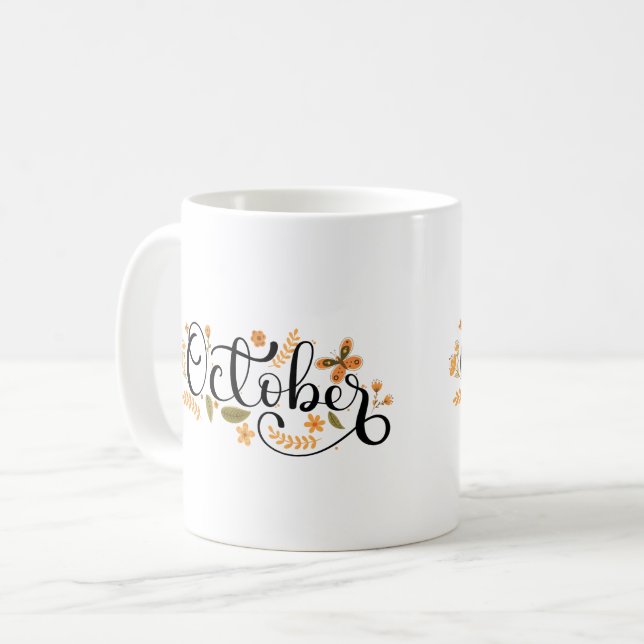 Oktober Stollig - Blommigt och fjäril för hösten Kaffemugg (Framsida vänster)