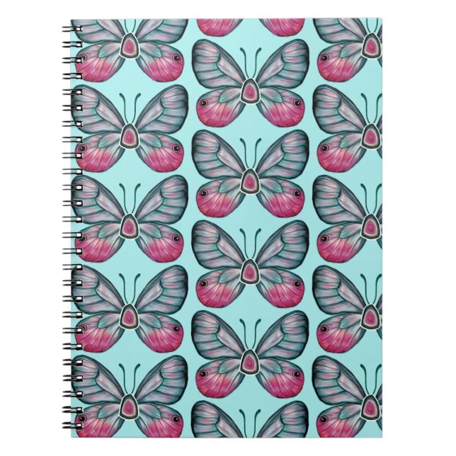 Oktober Teal Glasswing Butterfly Mönster Design Anteckningsbok (Framsidan)