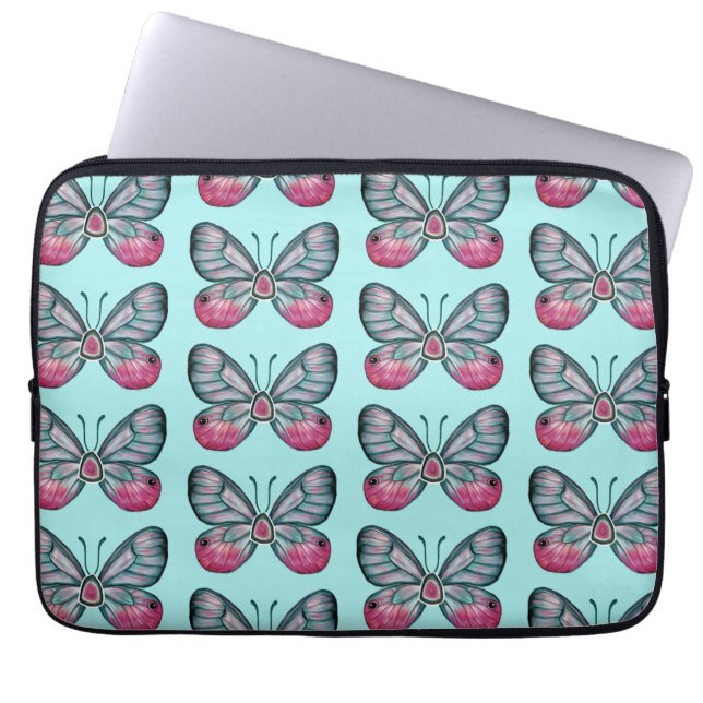 Oktober Teal Glasswing Butterfly Mönster Design Laptop Fodral (Framsidan)